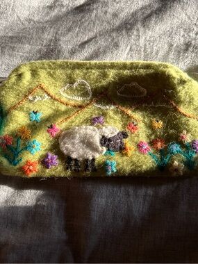 Embroidered Green Wool Sheep Phone Clutch Case